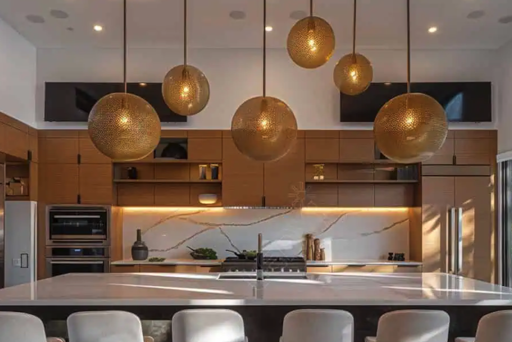 Iluminación brillante para cristalería en cocina de estantes abiertos